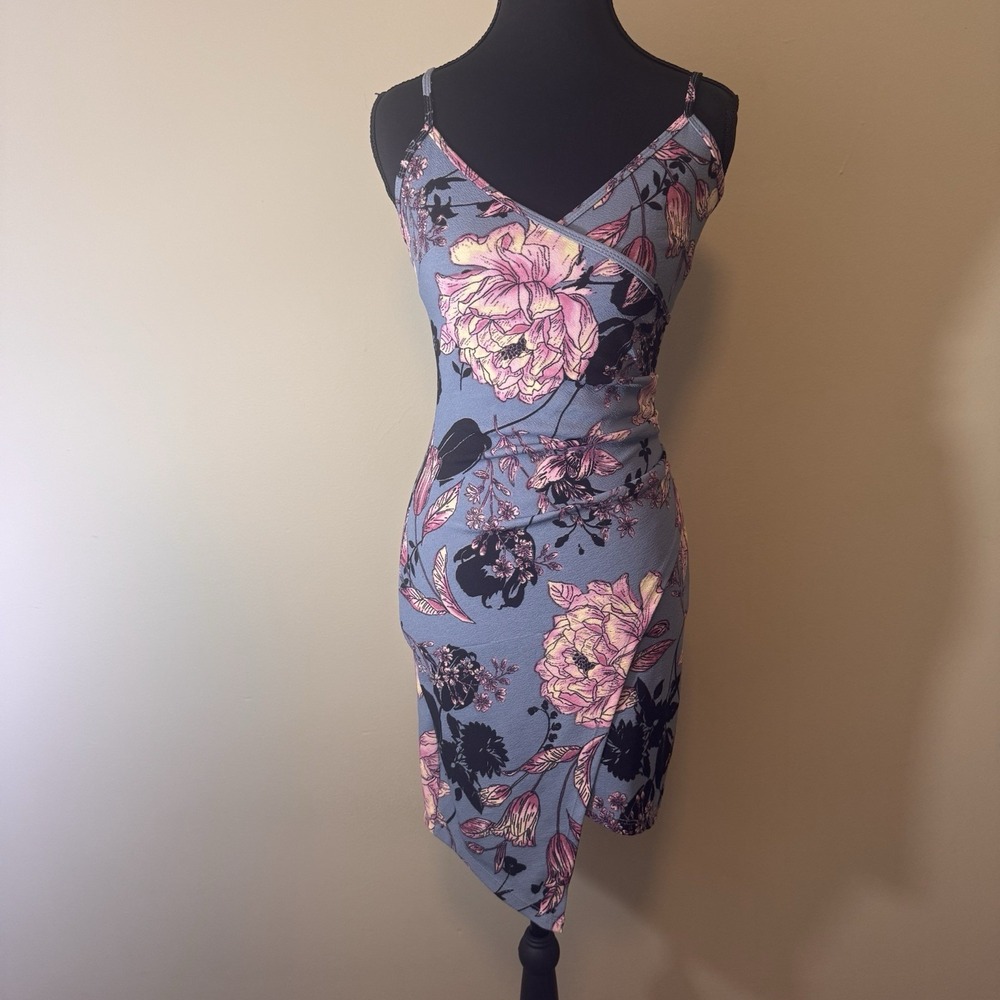 Almost Famous Floral Teal Mini‎ Dress Front Slit Asymmetrical Hem Size Extra S